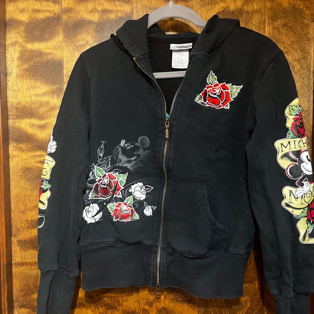 Disneyland Ed Hardy Mickey Mouse Hoodie with Red Rose and Character Design